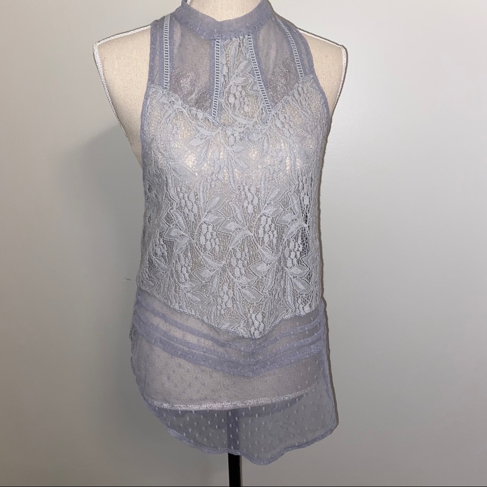 Free People Maisie Lace sheer gray mesh high neck sleeveless tunic top size XS